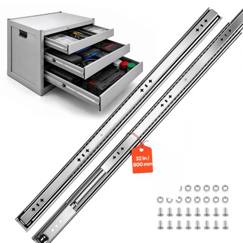 Vevor Heavy Duty Drawer Slides, 32 inch 265 lbs Load Side Mount Rails, for Cabinets, Kitchen, Workbench, RV, 3-Fold Full Extension Ball Bearing Rails, Carbon Steel, with Screws & Nuts, 1 Pair
