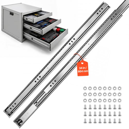 Vevor Heavy Duty Drawer Slides, 34 inch 265 lbs Load Side Mount Rails, for Cabinets, Kitchen, Workbench, RV, 3-Fold Full Extension Ball Bearing Rails, Carbon Steel, with Screws & Nuts, 1 Pair