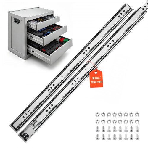 Vevor Heavy Duty Drawer Slides, 30 inch 265 lbs Load Side Mount Rails, for Cabinets, Kitchen, Workbench, RV, 3-Fold Full Extension Ball Bearing Rails, Carbon Steel, with Screws & Nuts, 1 Pair