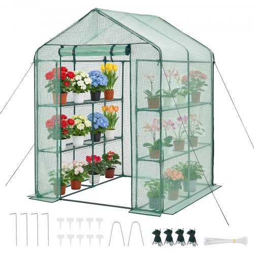 

VEVOR Walk-in Greenhouse, 55.5" x 56.1" x 78.7" Greenhouse for Outdoors with PE Cover, 2 Tiers 8 Shelves, Roll-Up Zipper Door, Walk in Green House, Portable Plant Garden Hot House for Backyard Outside