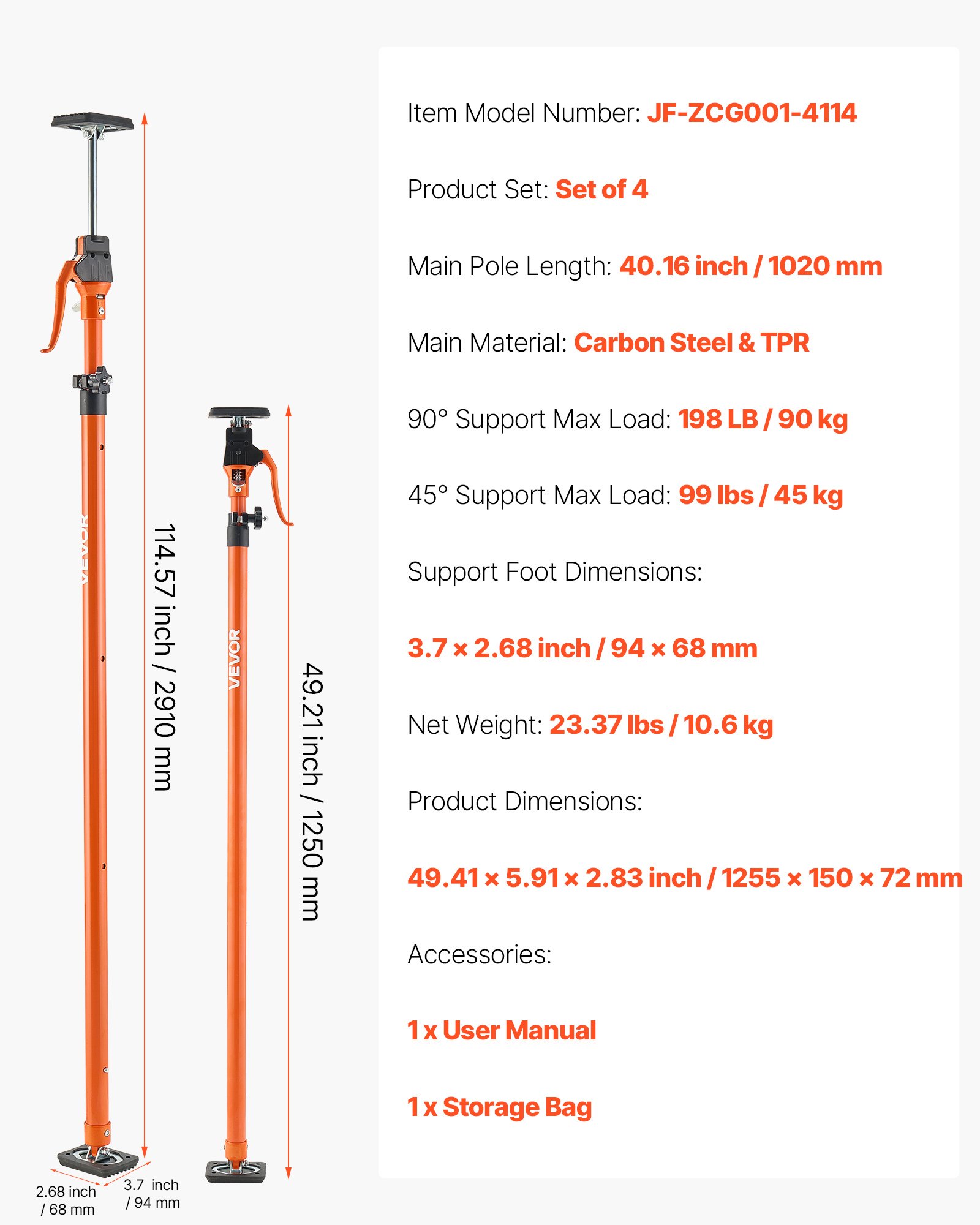 Kapi tungraua tugivarras, 291 cm, 90 kg, 4 tk