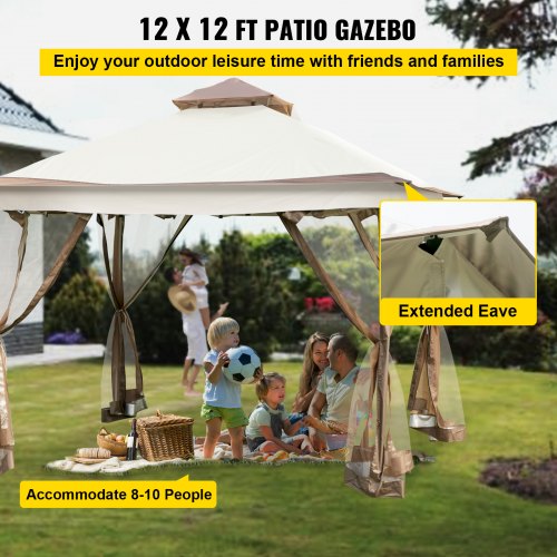 Gazebo Canopy 12'x12' Pop Up Tent Mesh Mosquito Net Patio Steel Fabric Outdoor 