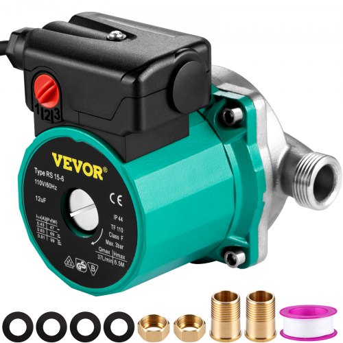 Vevor Hot Water Recirculating Pump, 93W, 110V Water Circulator Pump, Circulation Pump, 3/4″ G Thread To 1/2″ Npt Brass Adapter, Stainless Steel Head,-image