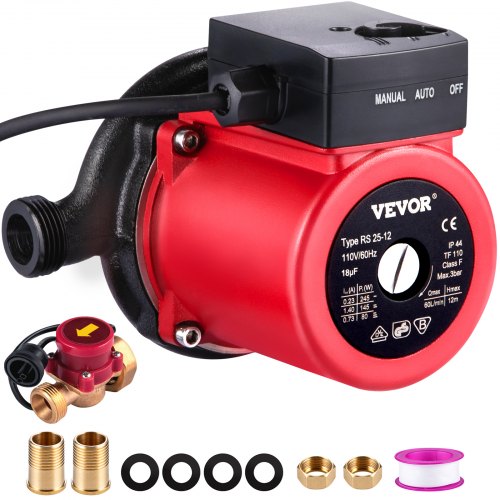 Stainless Steel Pump Head Three Speed Control for Electric Water Heater System 93W 110V Water Circulator Pump Automatic Start Circulating Pump NPT 3/4 w/Brass Fittings VEVOR Recirculating Pump 