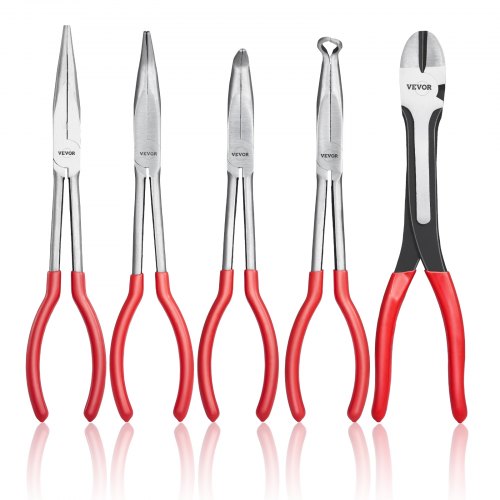VEVOR 5-Piece Needle Nose Pliers, 11 in Long Needle Nose Pliers Set, Diagonal Cutting Pliers, 45°/ 90° Bent Nose Plier, Round Nose Plier, Long Nose Pl-image-010148009577