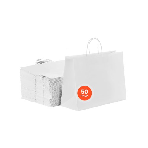 VEVOR Kraft Paper Bags with Handles, 100Pcs 16 x 6 x 12 in, Large Paper Grocery Bags, Reusable & Recycled Take-Out Sacks, Plain Party Bag Bulk for Birthday, Wedding, Business, Goody, White