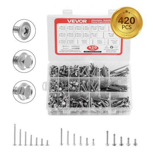 

VEVOR 420 PCS Self Drilling Screws, Stainless Steel #8 #10 Sheet Metal Screw Assortment Kit for Metal and Wood, Phillips Truss Head & Hex Head Self Tapping Screws, Length 1/2 Inch to 2 Inch, Silver