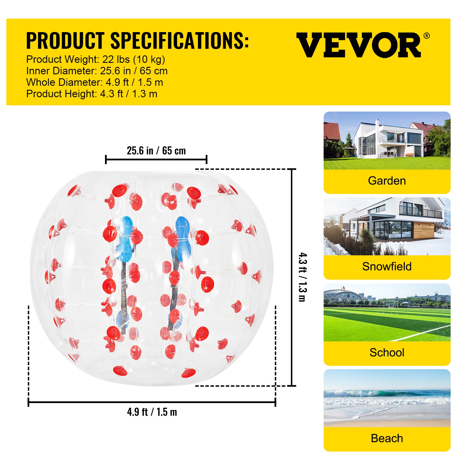 VEVOR Inflatable Bumper Ball 5 FT / 1.5M Diameter, Bubble Soccer Ball ...