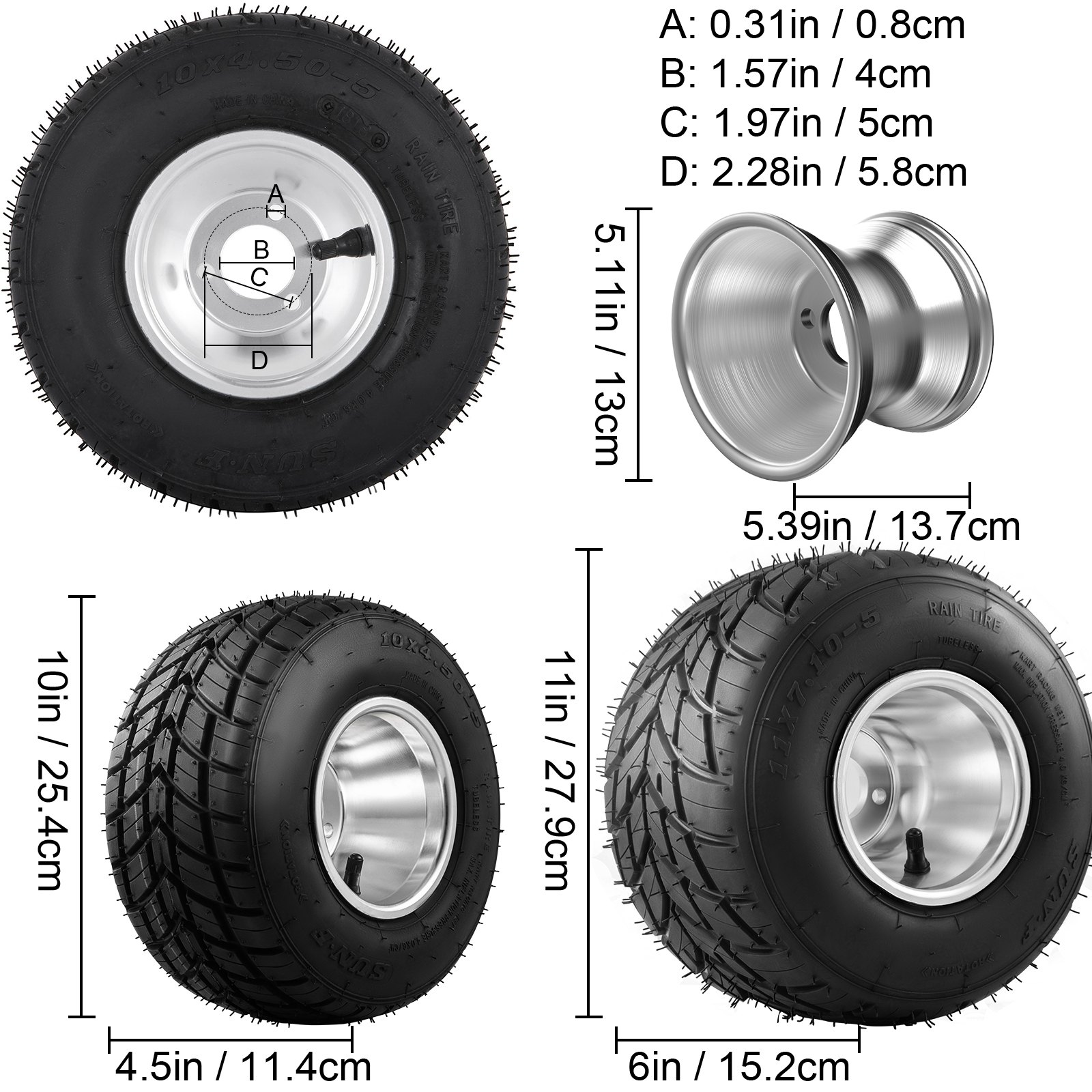 VEVOR Go Kart Tires and Rims 10x4.505 Front 11x6.05 Rear Go Kart