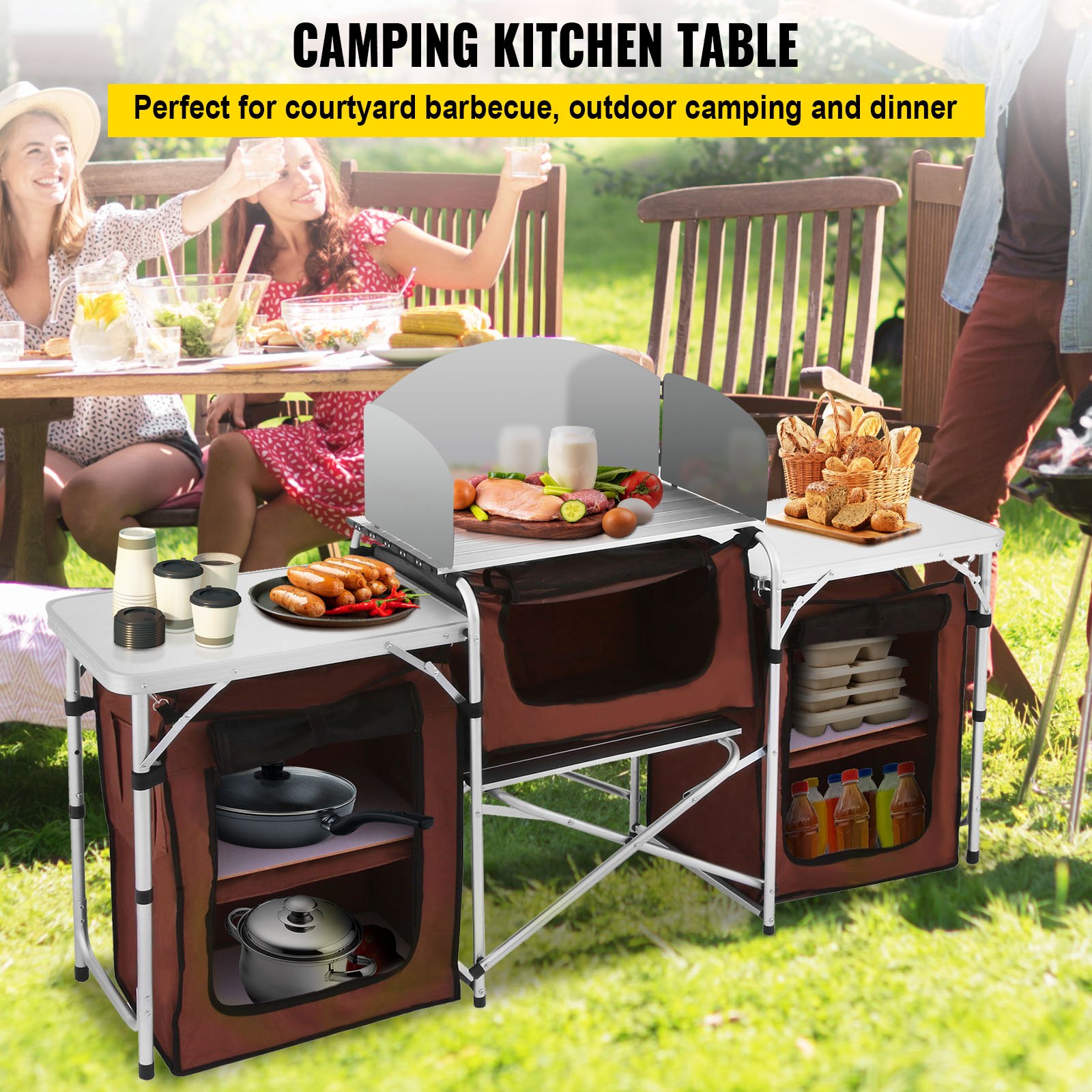 VEVOR Camping Kitchen Table, 3 Storage Organizer, Aluminum Windscreen ...