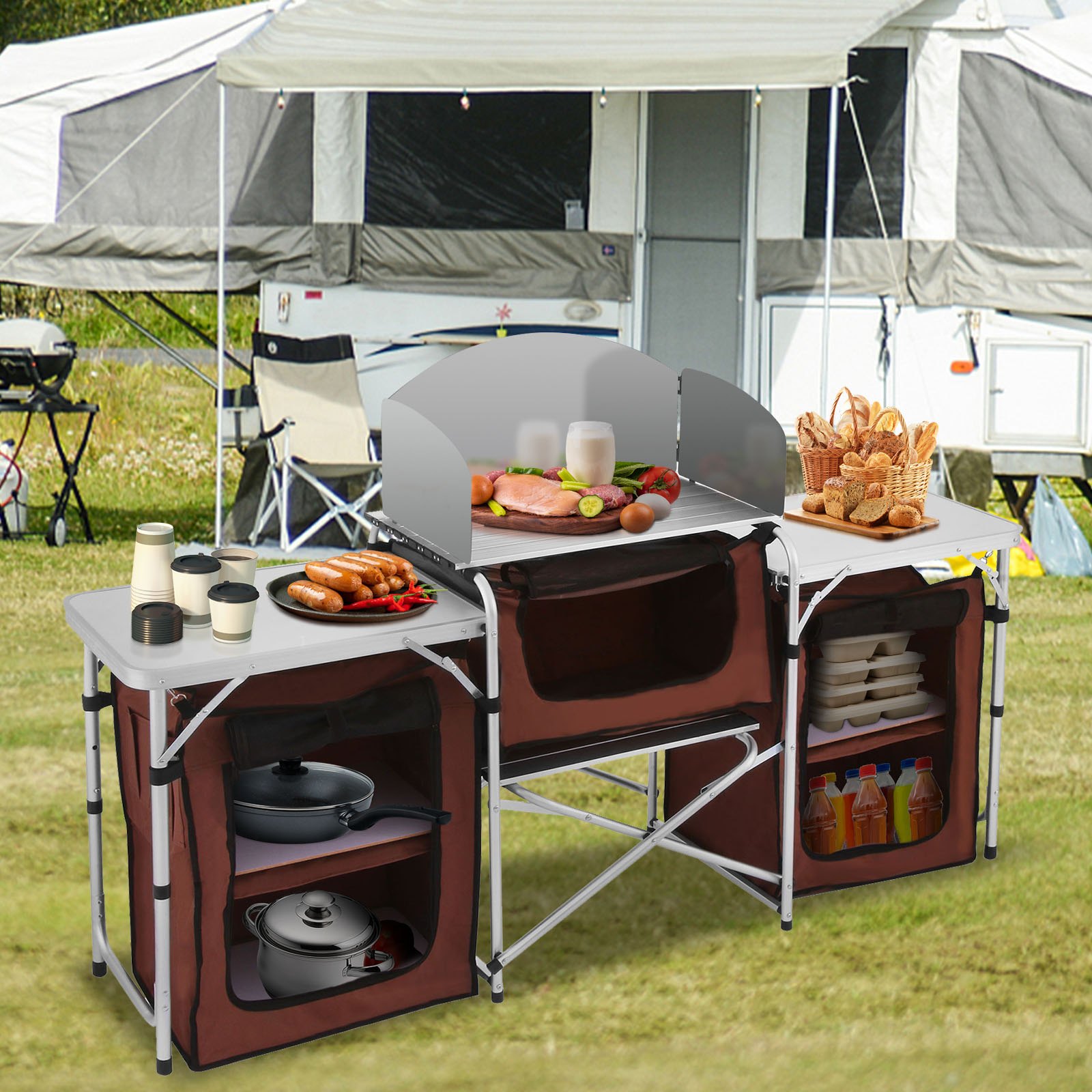 VEVOR Camping Kitchen Table, 3 Storage Organizer, Aluminum Windscreen