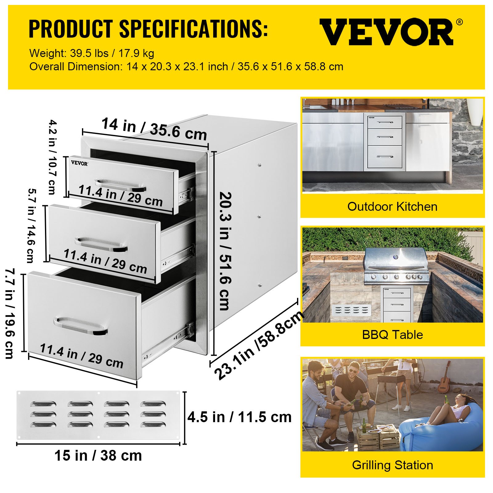 VEVOR Vevor Stainless Steel 3 Chest Of Drawers W/handle 35*58cm Bbq Storage VEVOR EU