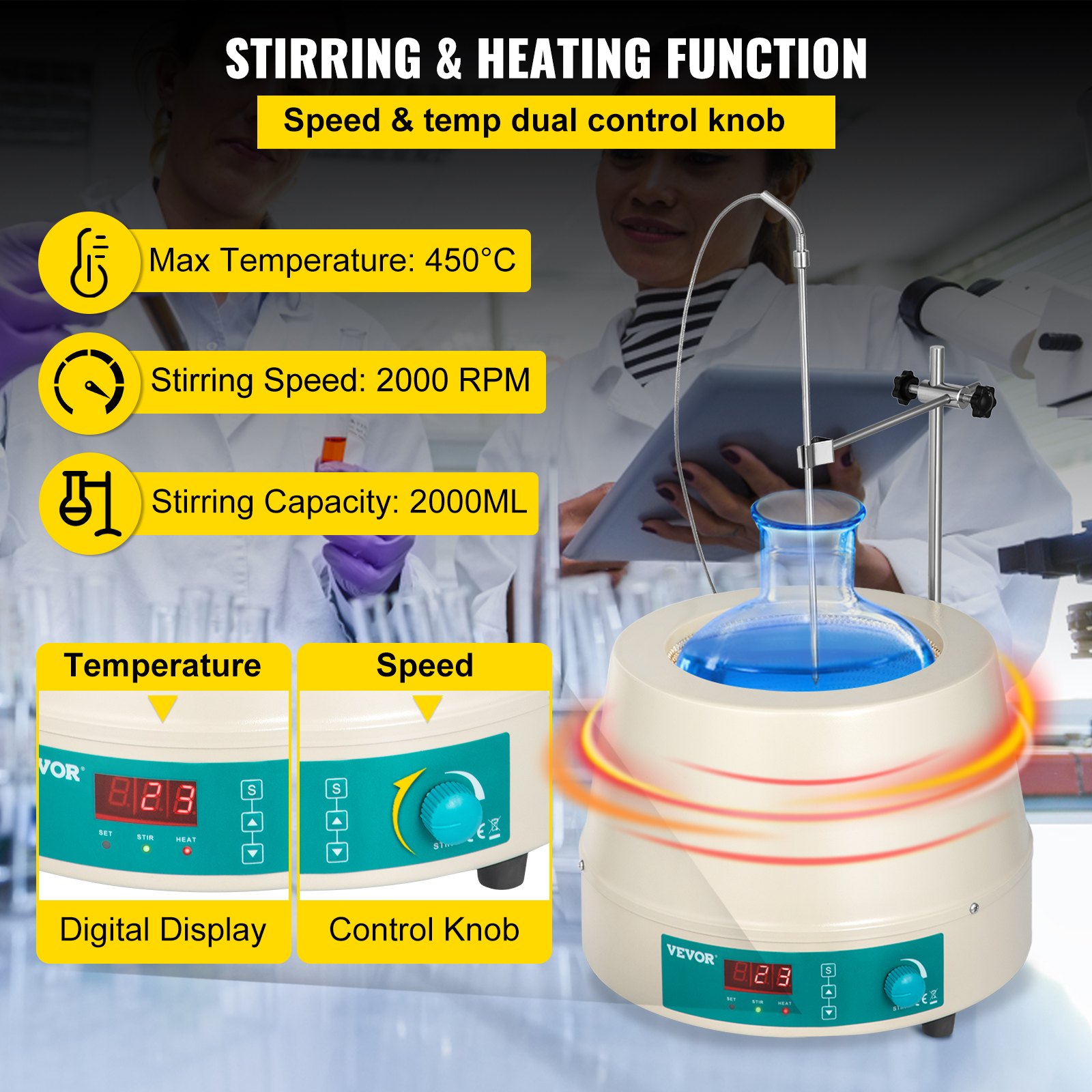 2000ml Electric Digital Heating Mantle With Magnetic Stirrer 110v 450w