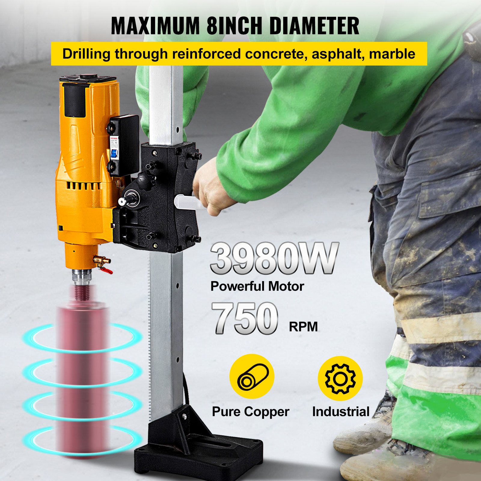 VEVOR Diamond Core Drilling Machine, 8'/205 mm Capacity 3980W Concrete