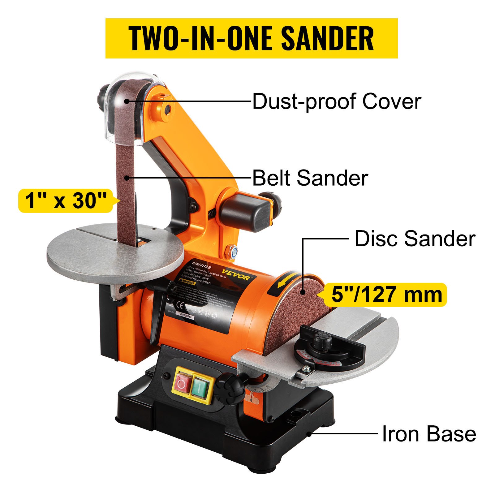 VEVOR 1" x 5" 250W Carpenter Belt Disc Sanding Wood Metal Bench Sander