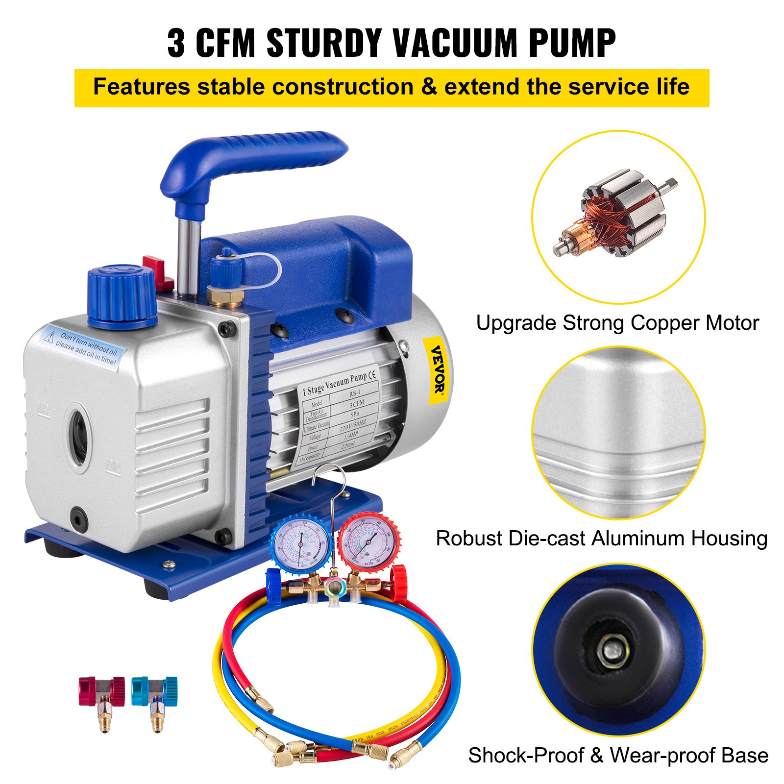 VEVOR VEVOR 3CFM 1/4HP Refrigerant Vacuum Pump Kit, 84 L/min