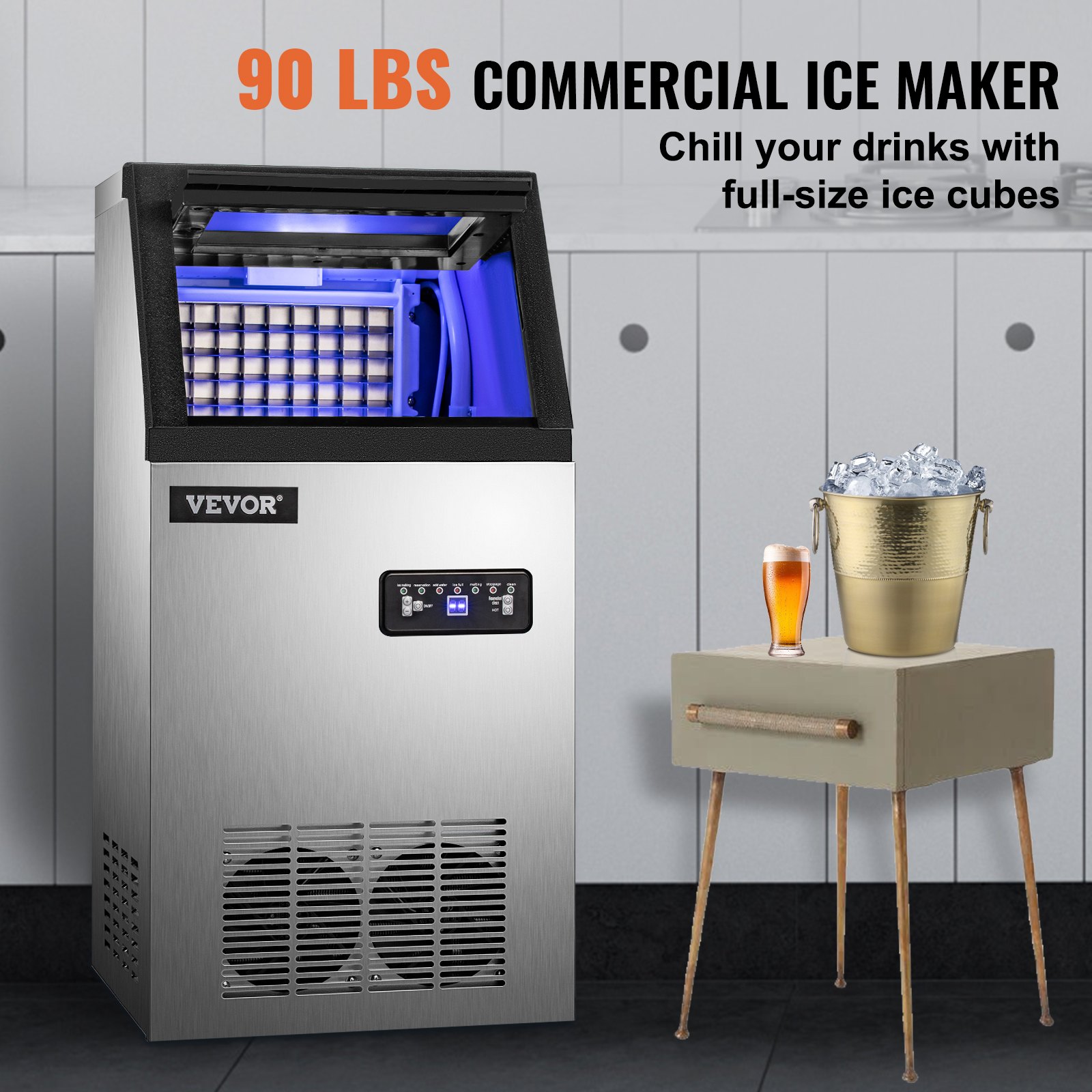 New Commercial Ice Maker Auto Clear Cube Ice Making Machine 40kg/90lbs