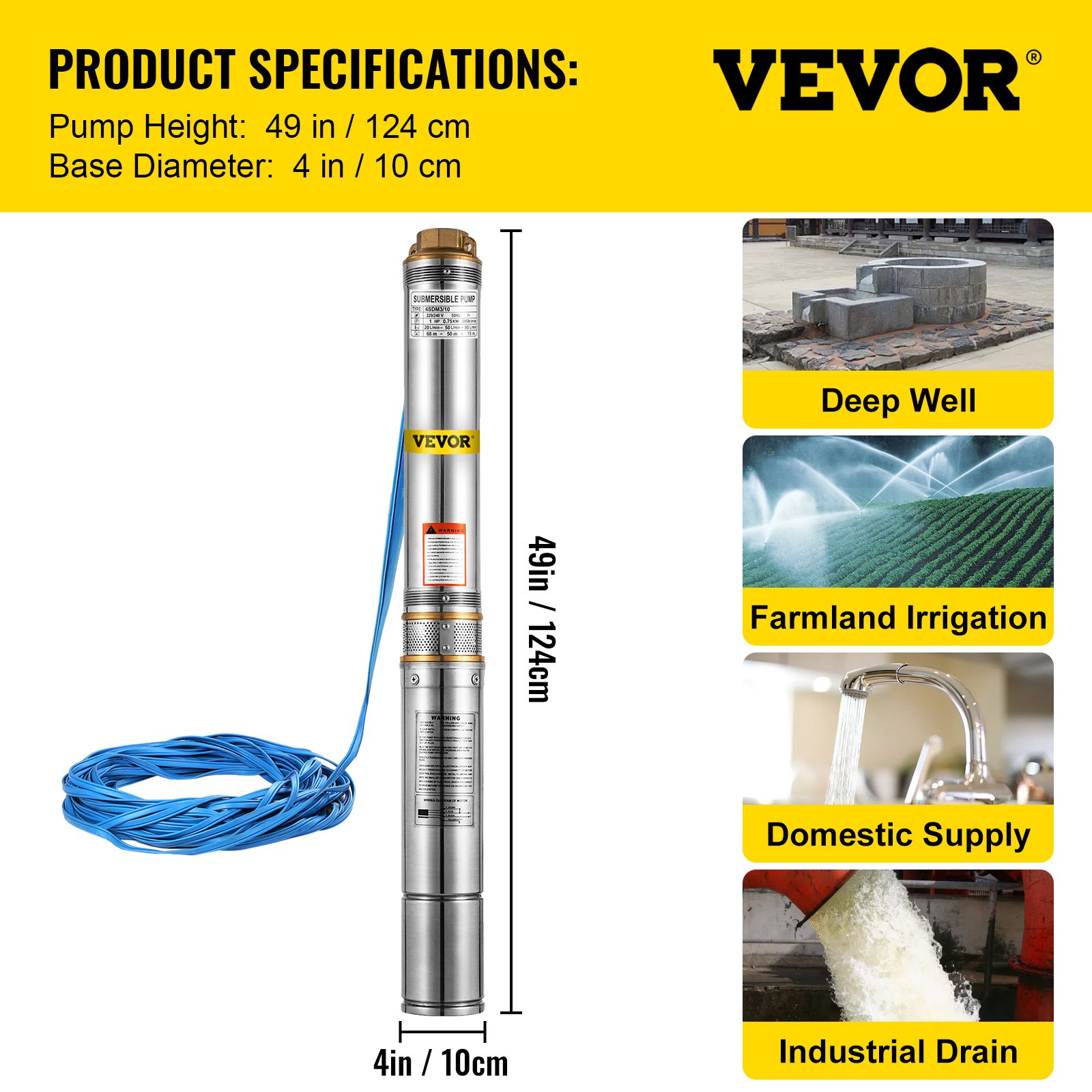 VEVOR Well Pump 0,75 HP 220V dränkbar brunnspump 2620ft Head 96 L/min Rostfritt stål