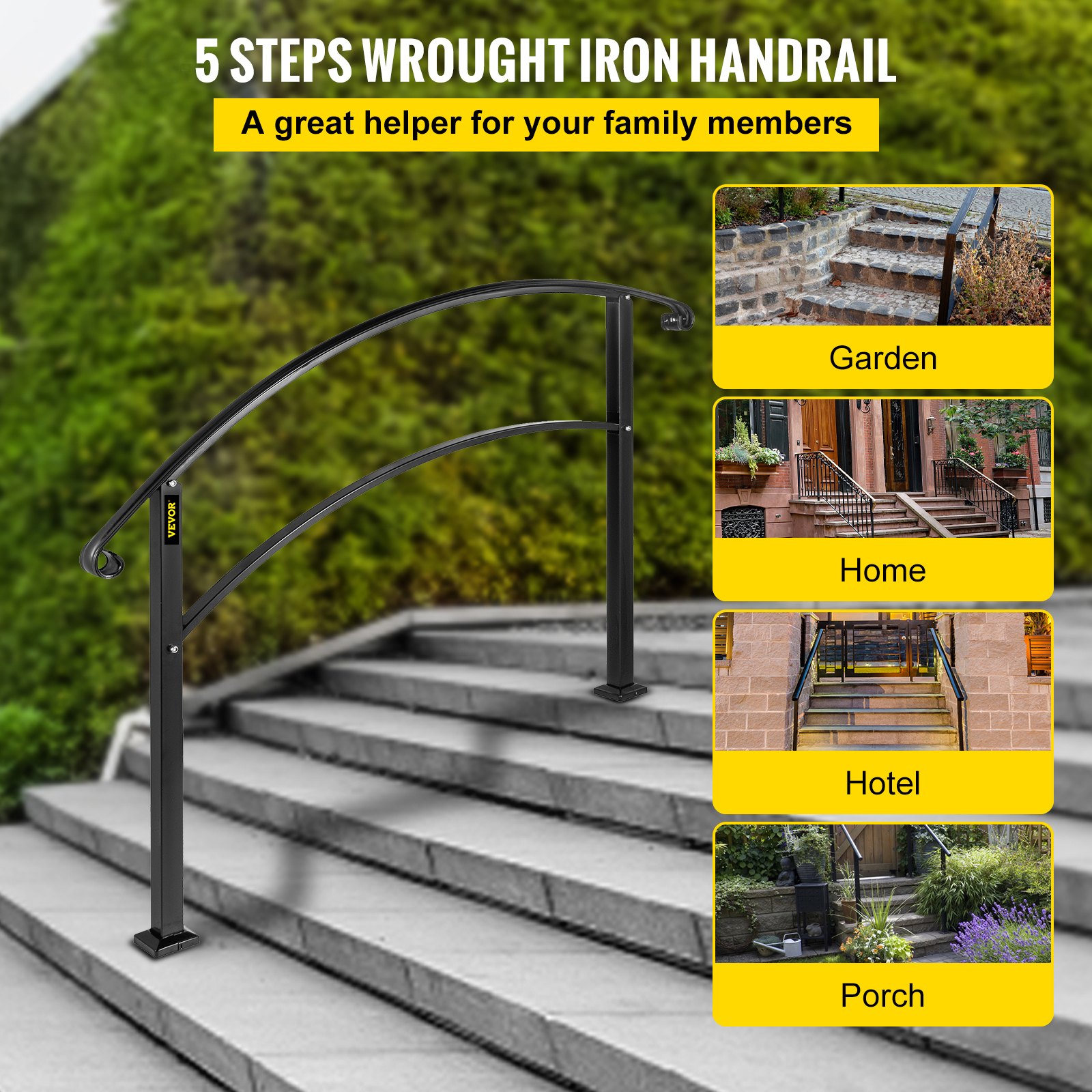 Iron Handrail Black Adjustable 0° To 45° Fits 45 Steps Hand Rail