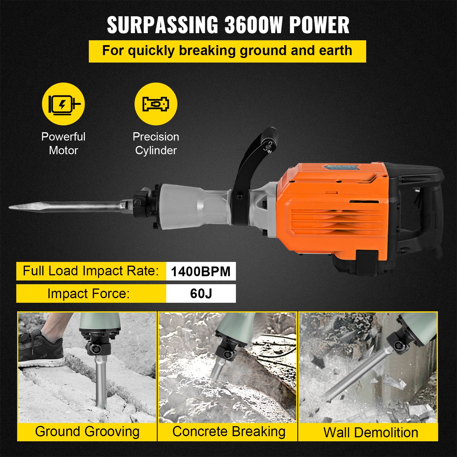 VEVOR 3600W Electric Demolition Hammer Heavy Duty Concrete Breaker 1400
