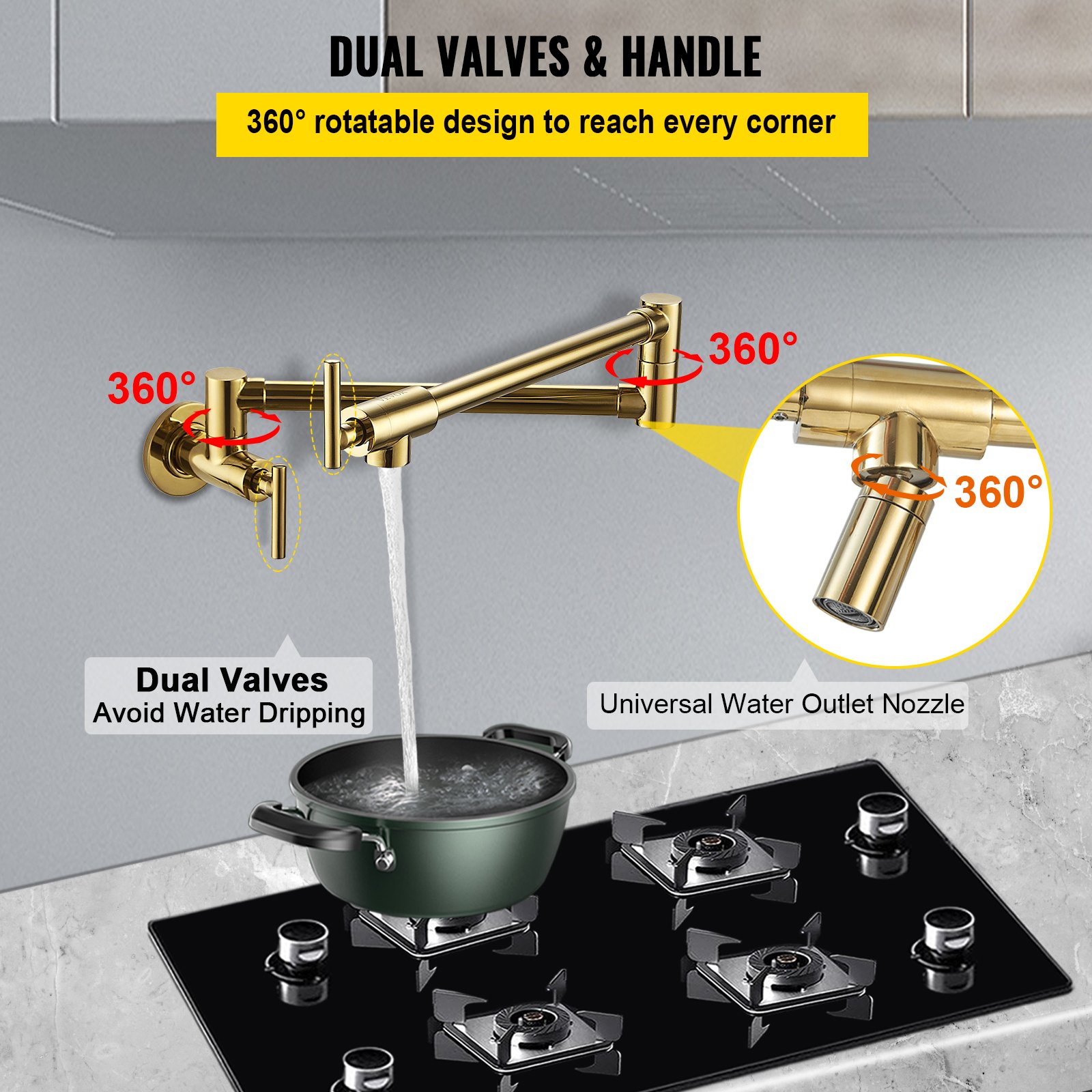 VEVOR Pot Filler Faucet, Solid Brass Commercial Wall Mount Kitchen Stove Faucet with Gold