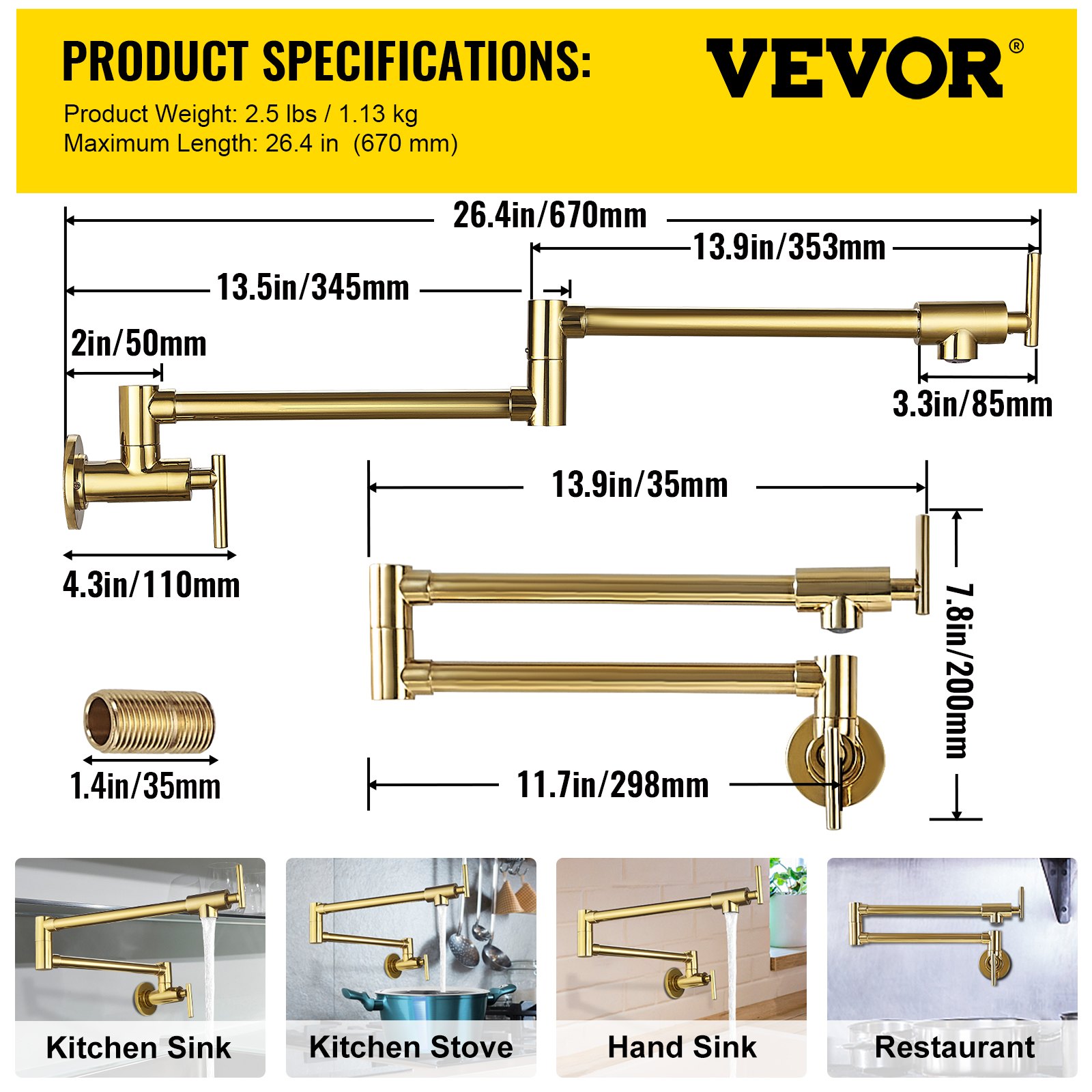 VEVOR Pot Filler Faucet, Solid Brass Commercial Wall Mount Kitchen