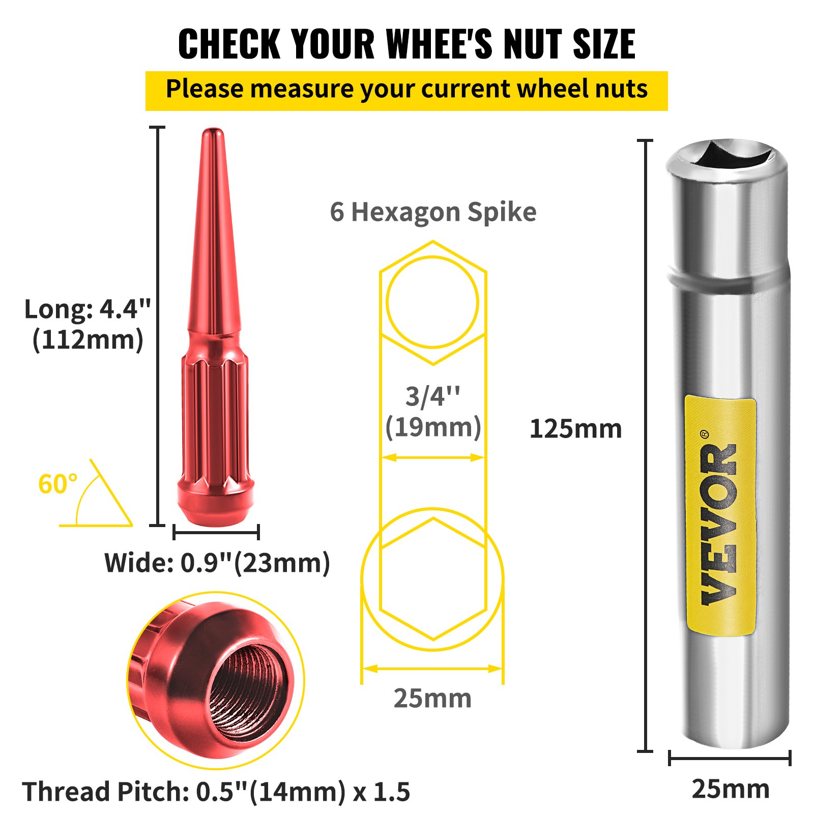 VEVOR M14x1.5 Spike Lug Nuts, 32 PCS Chrome Spiked Lug Nuts 14mmx1.5, 4