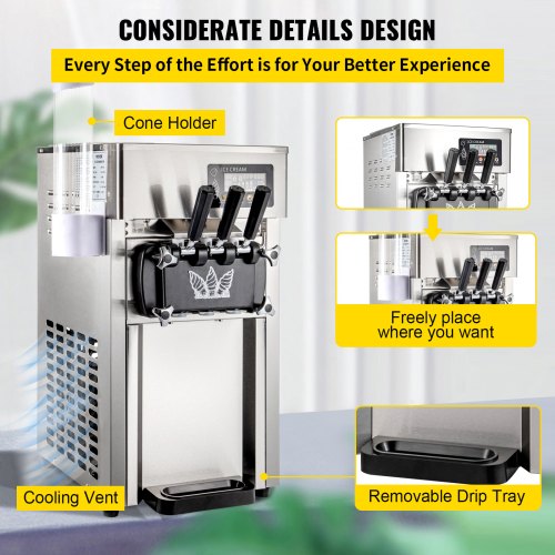 VEVOR Commercial 3 Flavors Soft Ice Cream Machine Countertop Lcd Panel