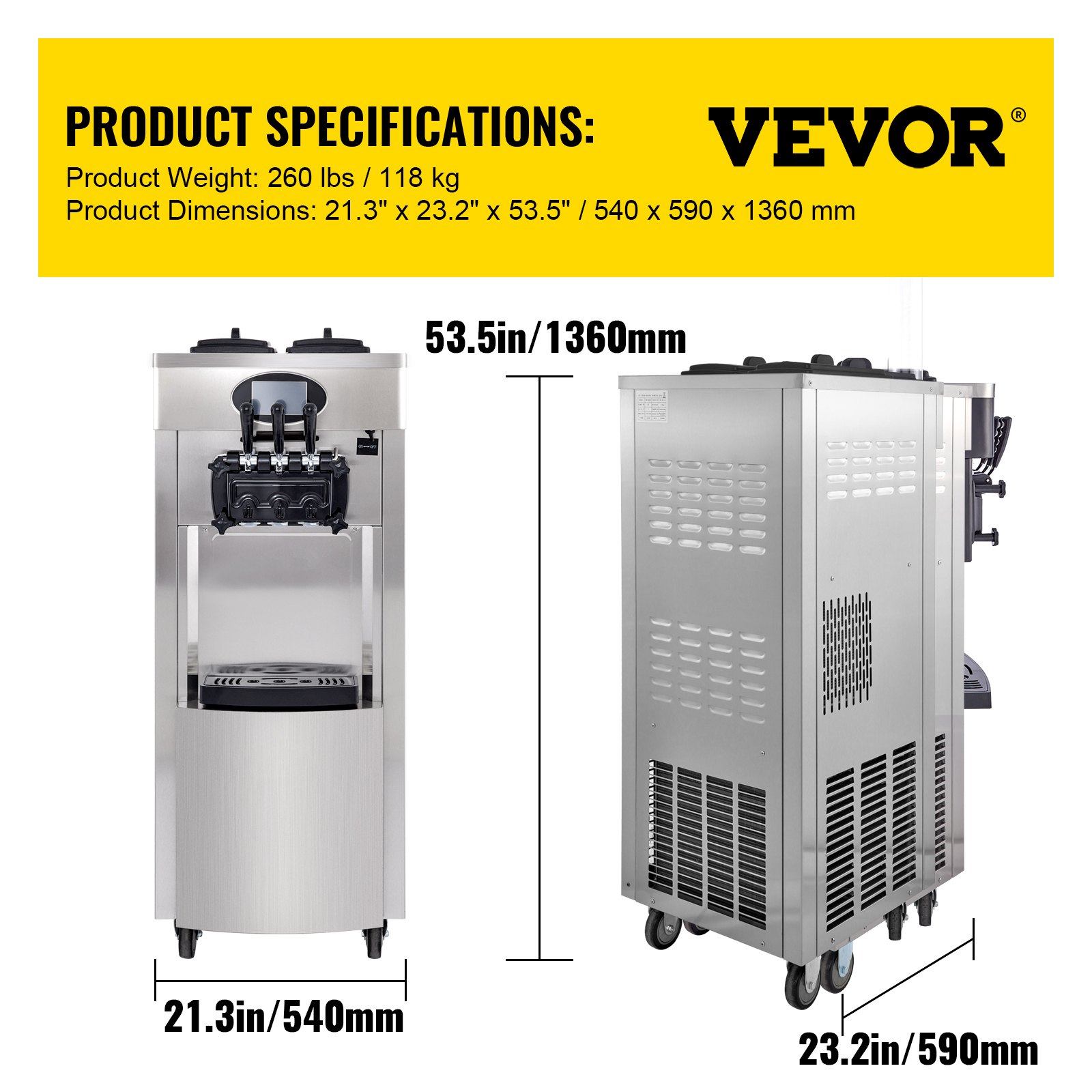 VEVOR 2200W Commercial Soft Ice Cream Machine 3 Flavors 5.3 to 7