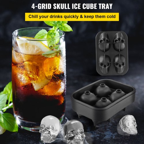 Skull Ice Cube Tray, 6-Grid Skull Ice Ball Maker, Flexible Black Silicone Ice Tray with Lid & Funnel, Skull Ice Cubes in 3 Distinct Patterns for Beverages & Chocolates on Parties & Holidays
