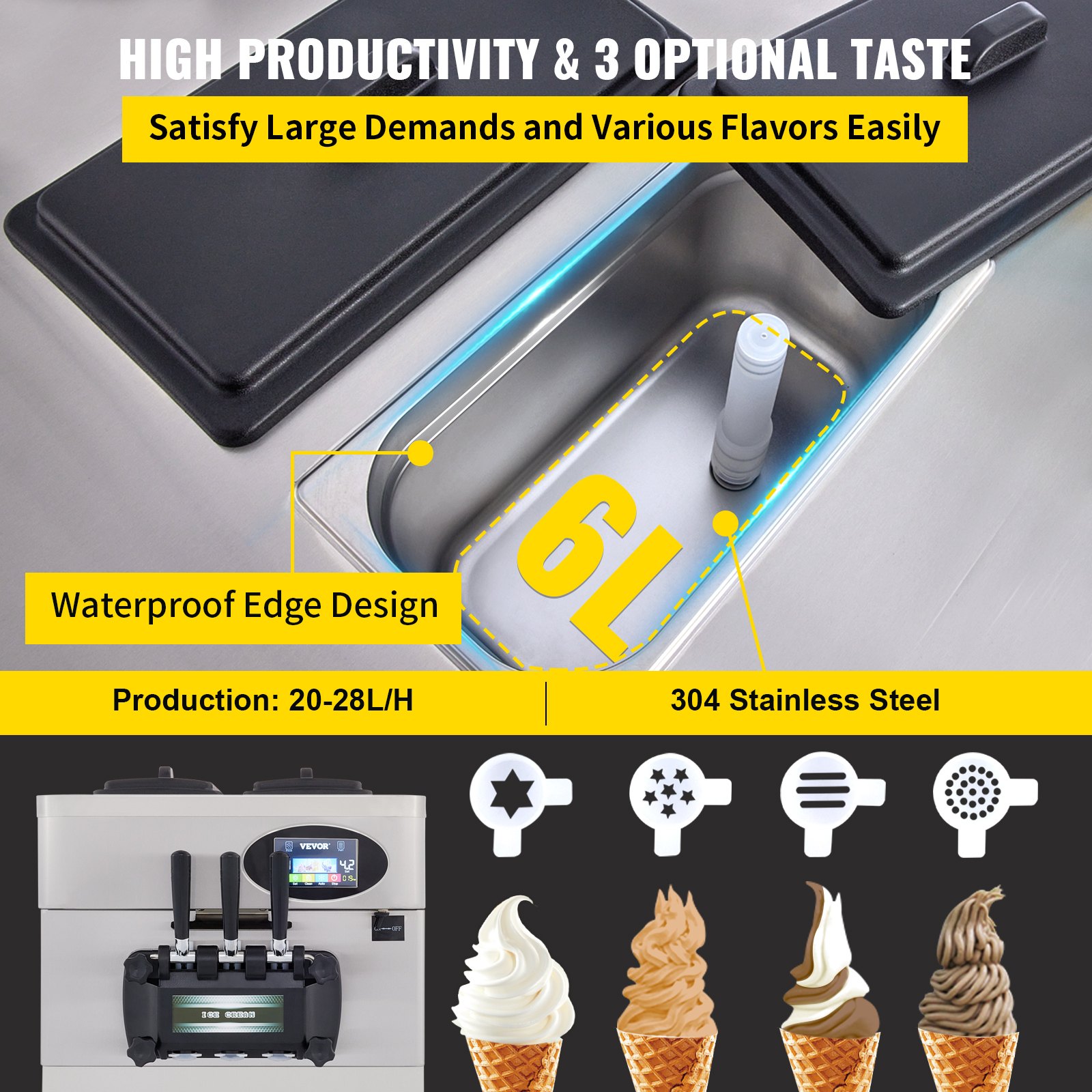 VEVOR 2200W Commercial Soft Ice Cream Machine 3 Flavors 5.3 to 7