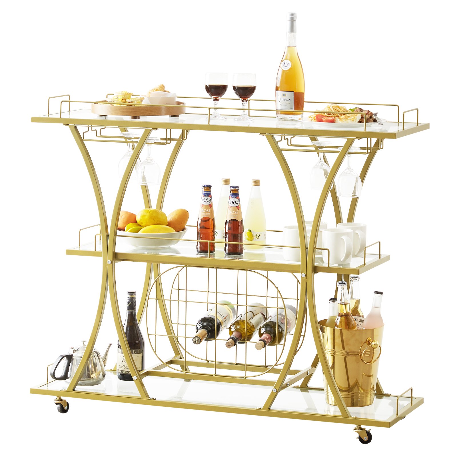 VEVOR VEVOR 3 Tiers Gold Metal Bar Serving Cart with Wine Rack Glass ...