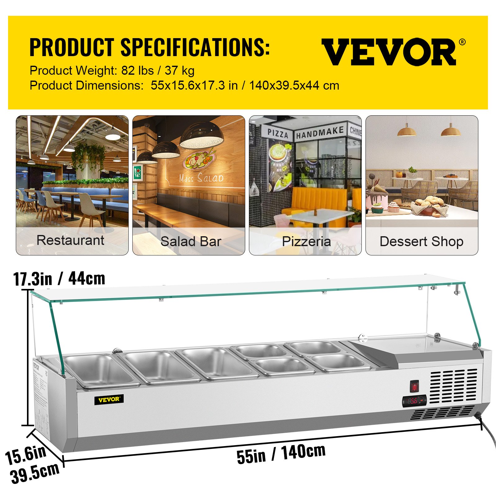 VEVOR Refrigerated Condiment Prep Station, 55Inch, 13.8Qt Sandwich