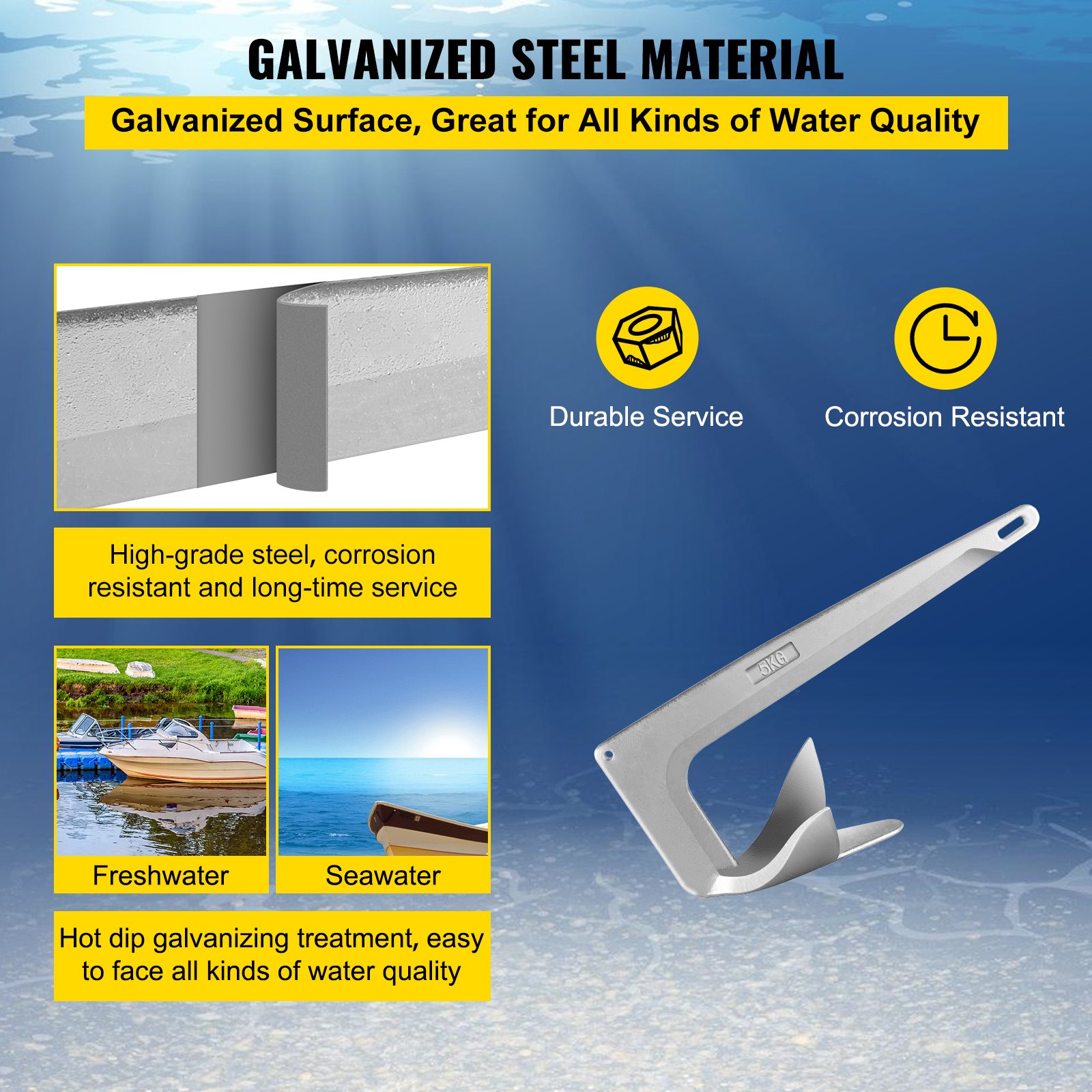 VEVOR Bruce Claw Anchor 11 lb Boat Anchor, Galvanized Steel Boat Anchor, 5 kg Marine Anchor with VEVOR Bruce Claw Anchor 11 lb Boat Anchor, Galvanized Steel Boat Anchor, 5 kg Marine Anchor with