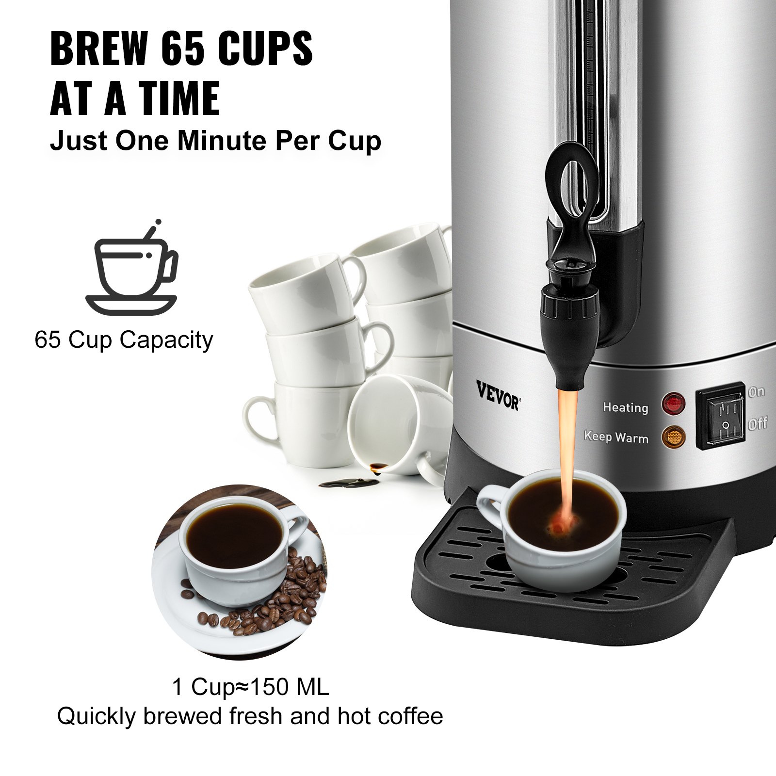 VEVOR Commercial Coffee Urn, 65 Cups Stainless Steel Large Coffee Dispenser, 1500W 110V Electric