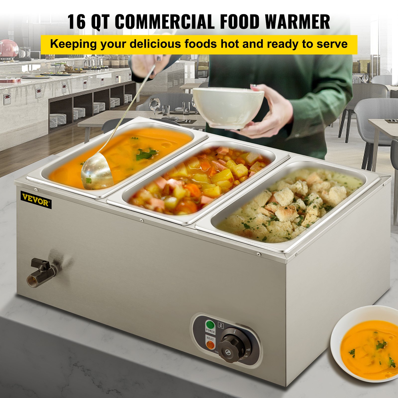 VEVOR 110V 3Pan Commercial Food Warmer, 1200W Electric Steam Table