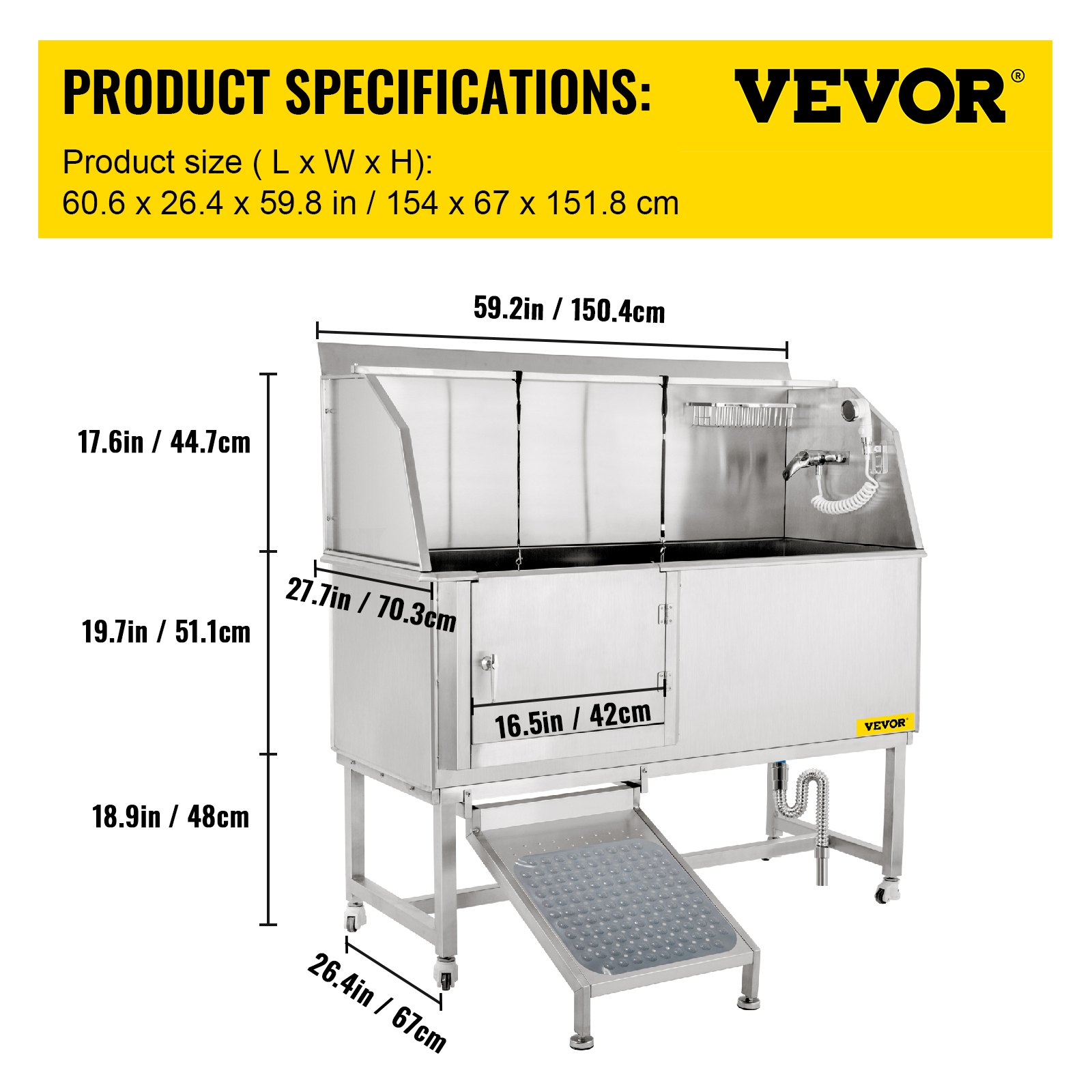 VEVOR Pet Dog Grooming Bath Tub Dog Wash Tub 50"L Stainless Steel