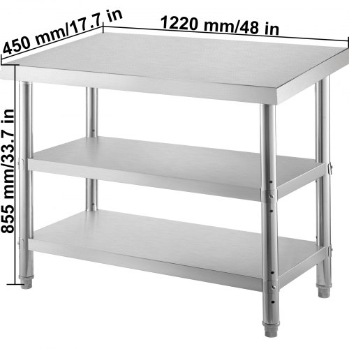 VEVOR Stainless Steel Prep Table, 48x18x33 in Commercial Stainless
