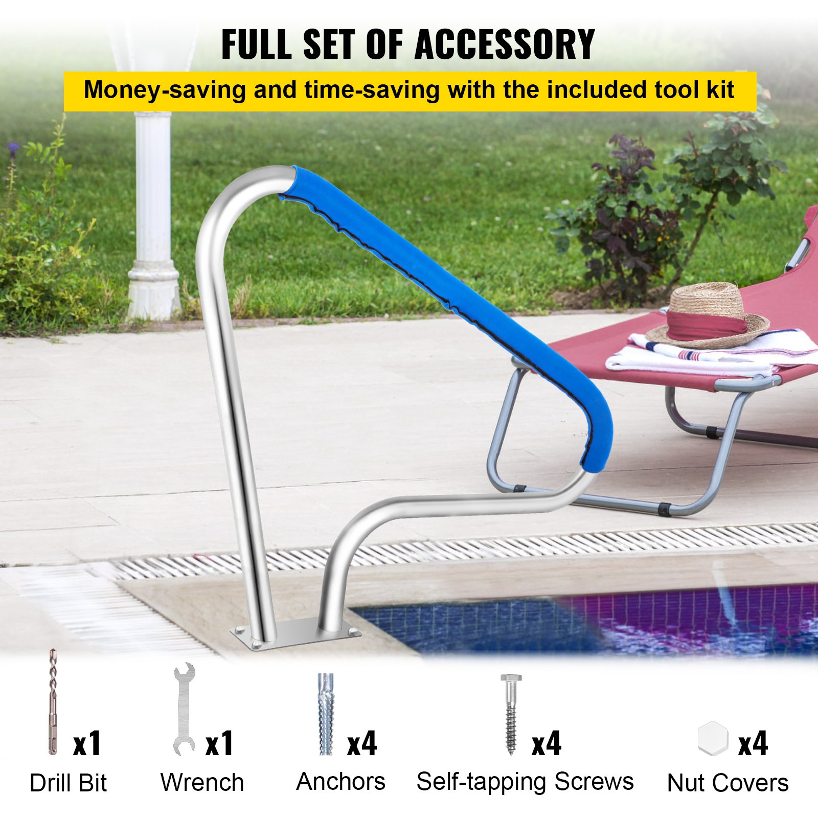 Poolail 48"x 36", 304 Stainless Steel 370LBS Load Capacity Silver Rustproof Pool Handrail For Swimming Pool With Blue Grip Cover Accessories%2f5376040908