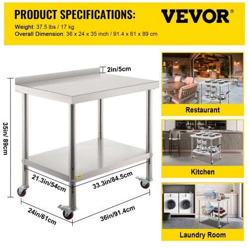 Commercial Stainless Steel Work Table 36x24 Inch With 2-Tier Adjustable Shelf & Locking Casters – 660lb Capacity For Kitchen, Prep, Restaurant