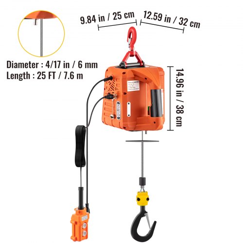 VEVOR Electric Hoist Winch, 1500W 110V Portable Winch Crane with 1100lbs Lift Capacity & 25ft