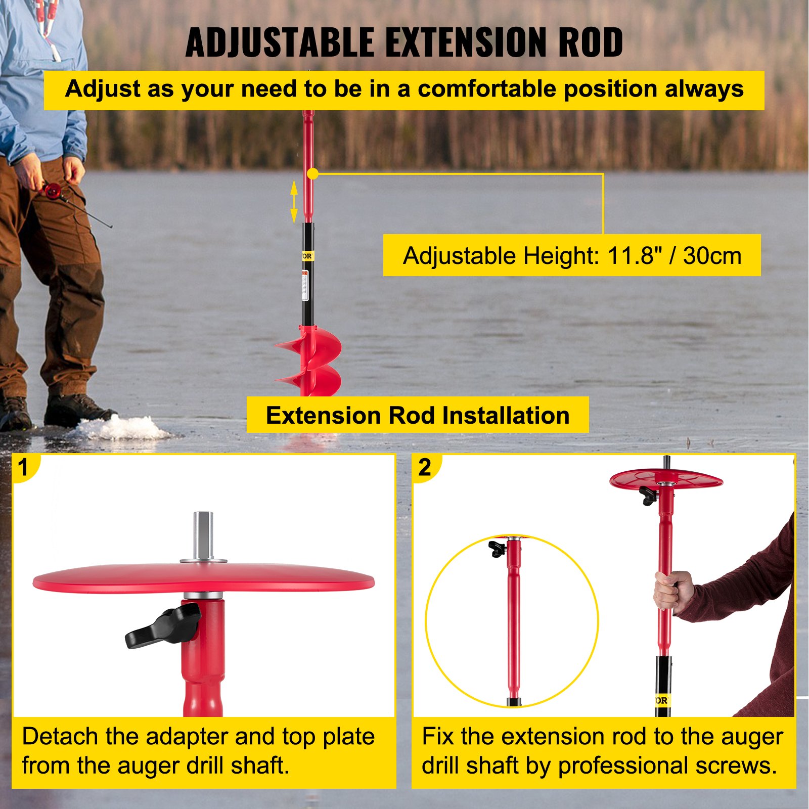 VEVOR Ice Drill Auger Nylon Ice Auger Bit 8''x39'' Drill Adapter Ice Fishing Red VEVOR US