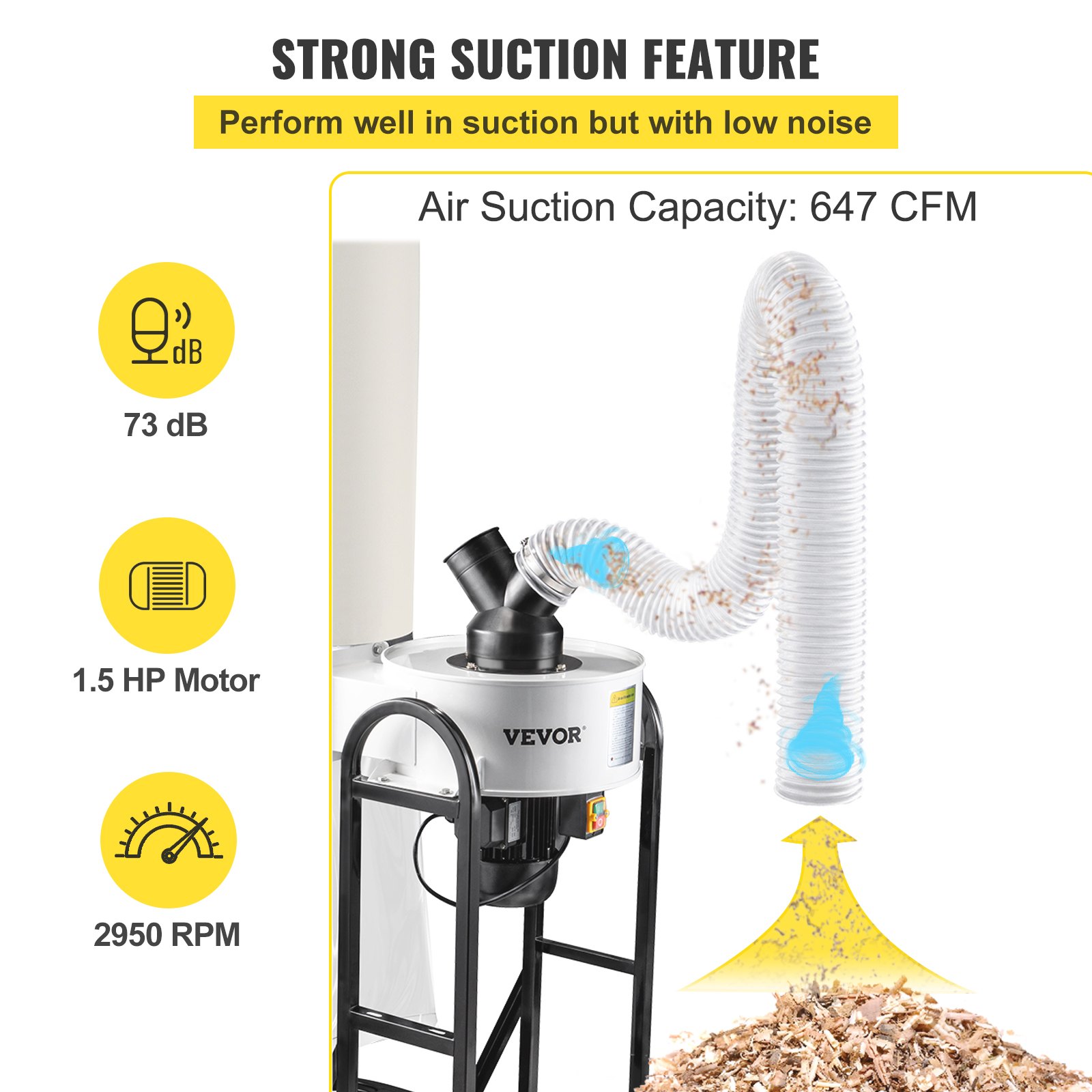 VEVOR 1.5 HP Dust Collector, 647 CFM Portable Vortex Dust Collector