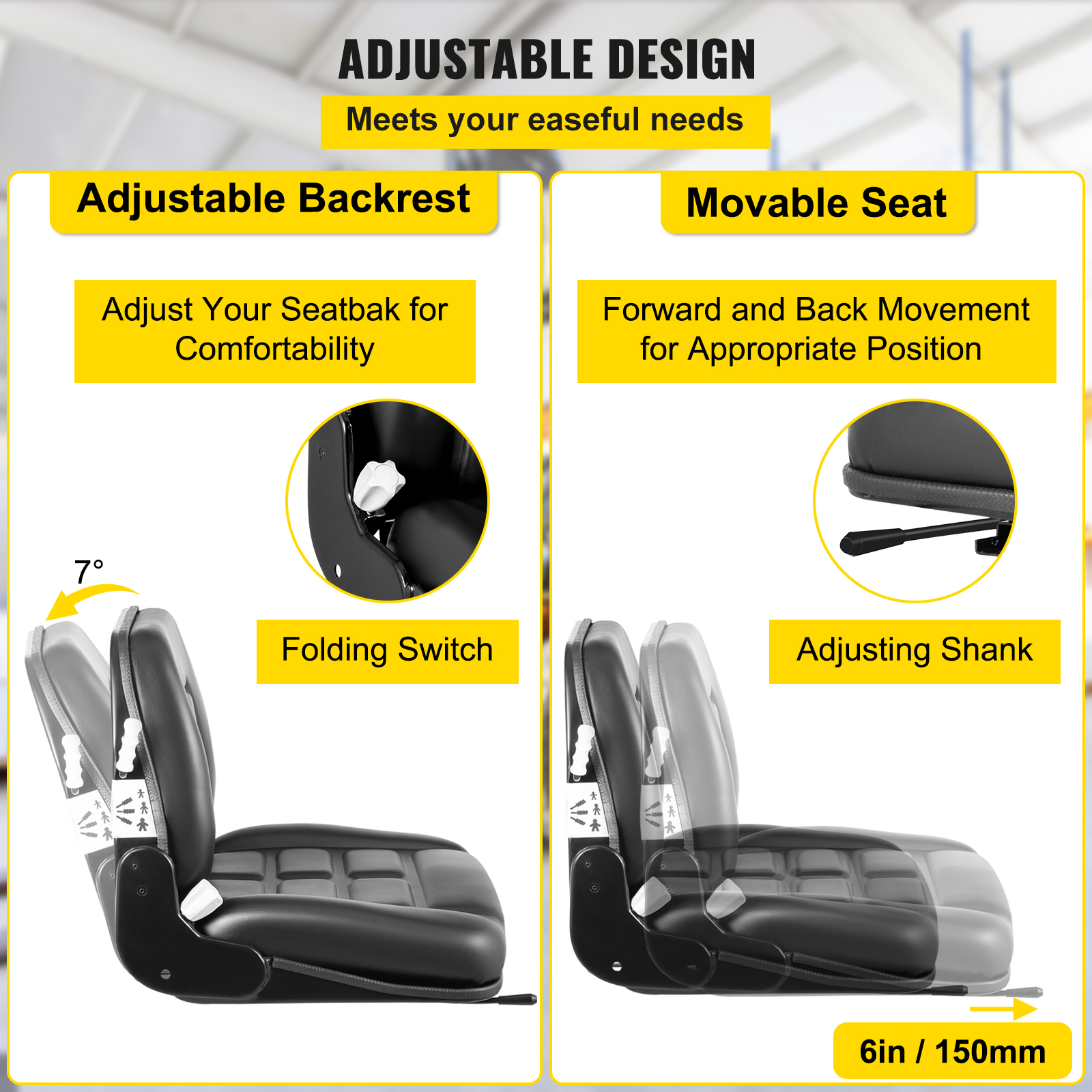 VEVOR Black PVC Tractor Seat,Universal Forklift Seat,6"/150MM