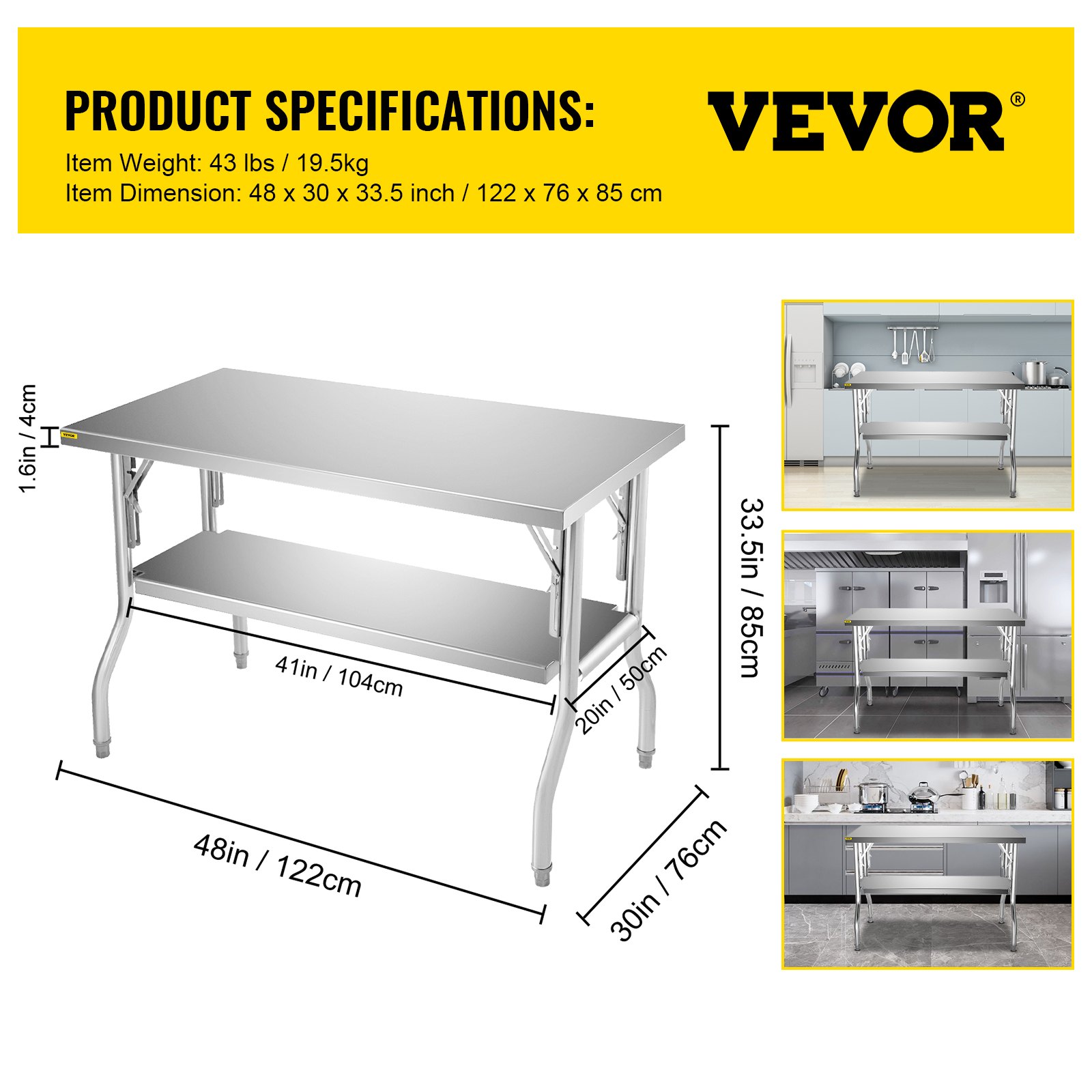 VEVOR Commercial Worktable Workstation 48x30 Inch Folding Commercial ...