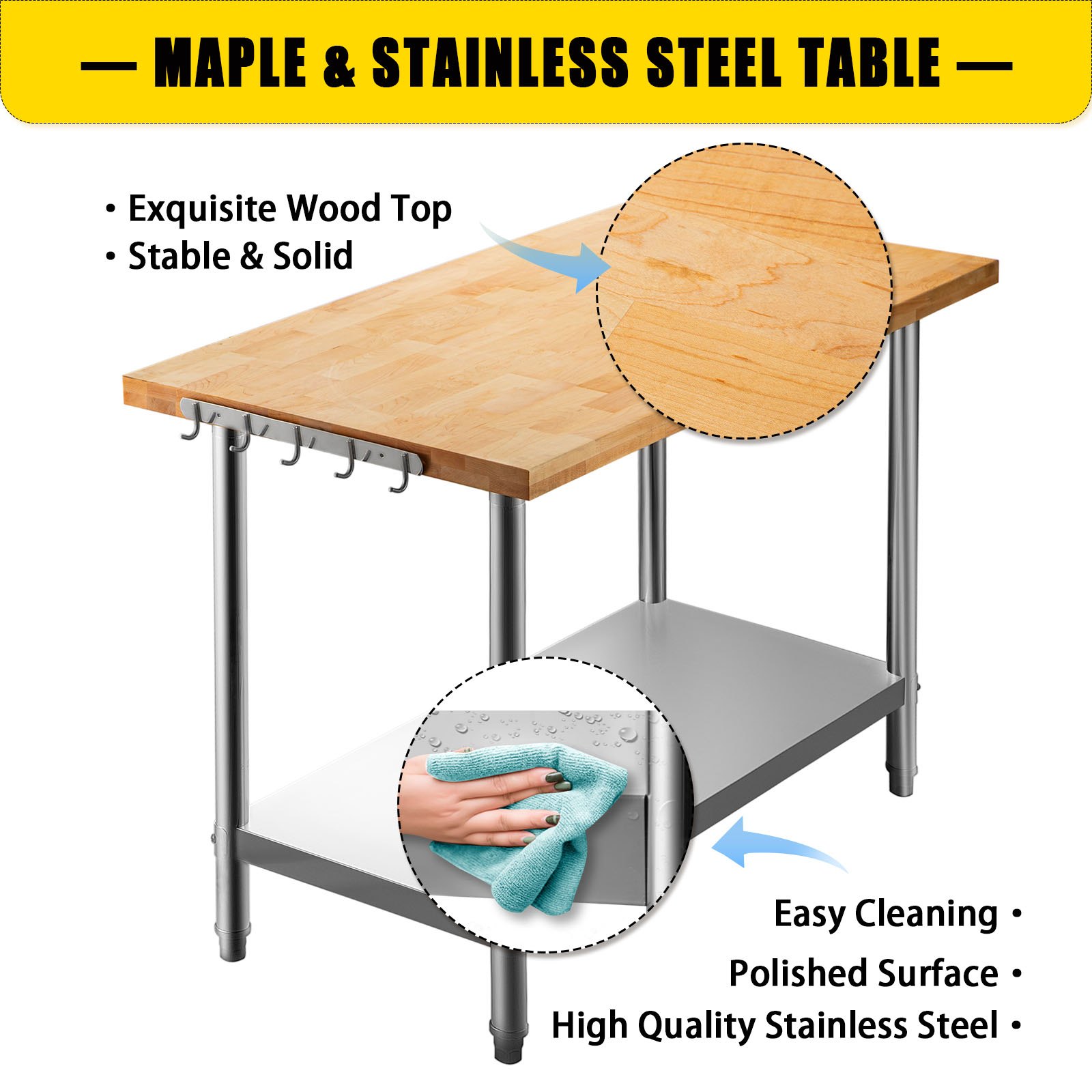 VEVOR Maple Top Work Table, Stainless Steel Kitchen Prep Table Wood, 36 x 24 Inches Metal