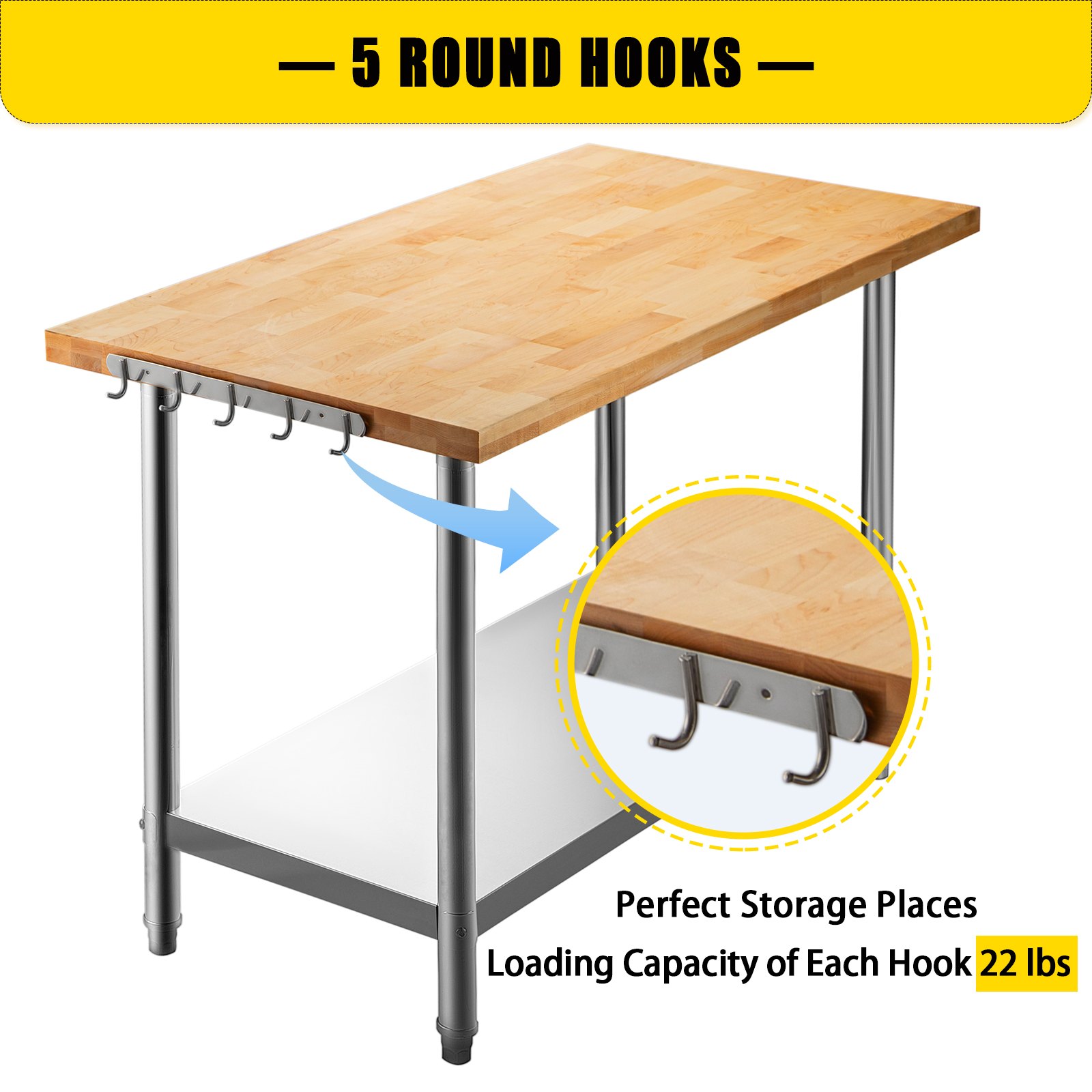VEVOR Maple Top Work Table, Stainless Steel Kitchen Prep Table Wood, 36