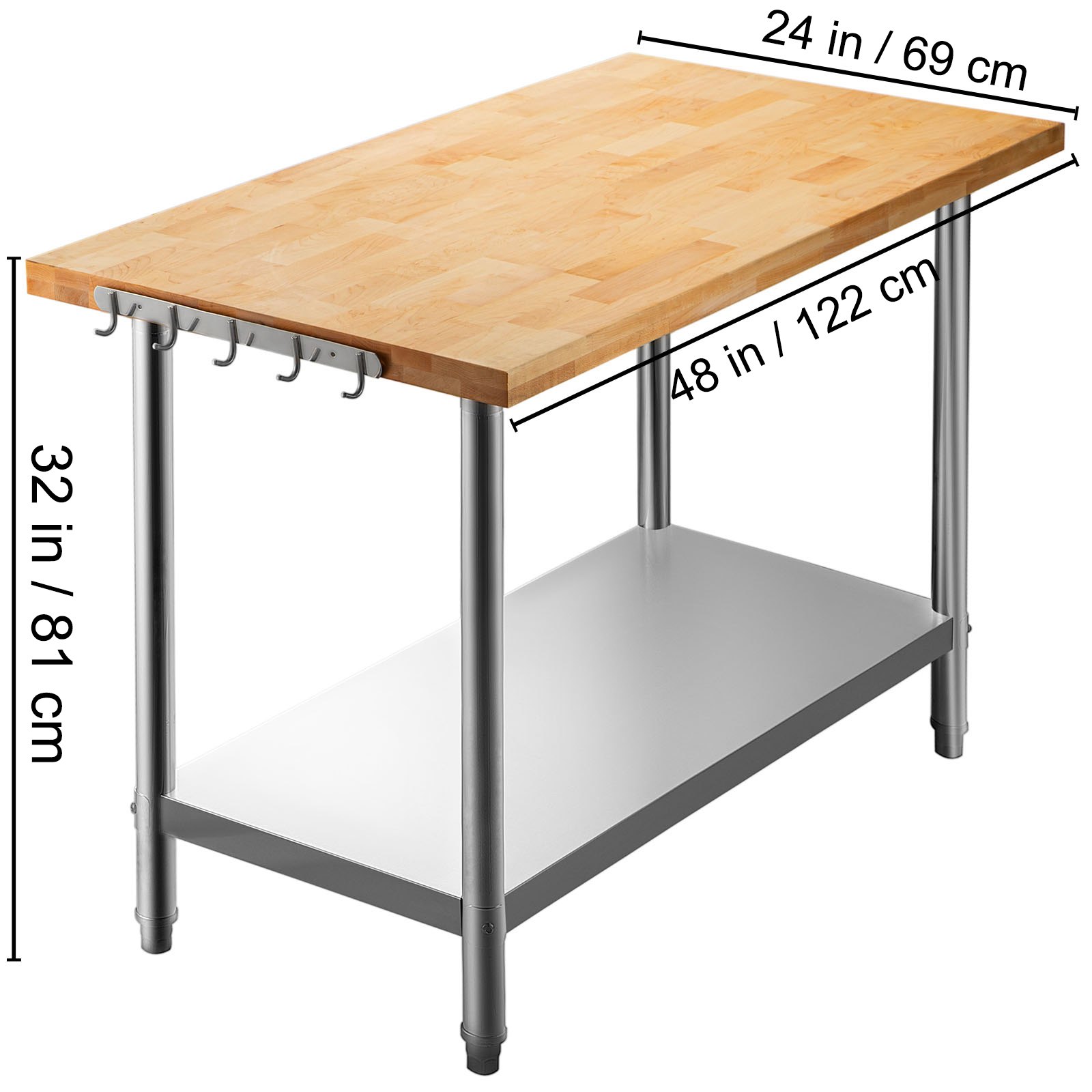 VEVOR Maple Top Work Table, Stainless Steel Kitchen Prep Table Wood, 48