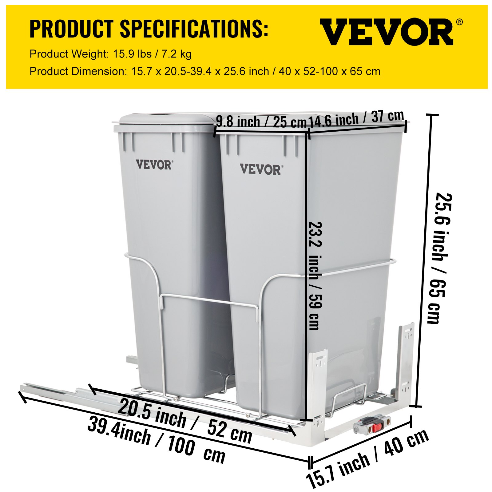 VEVOR Pull-Out Trash Can, 43Qt Double Bins, Under Mount Waste Container ...