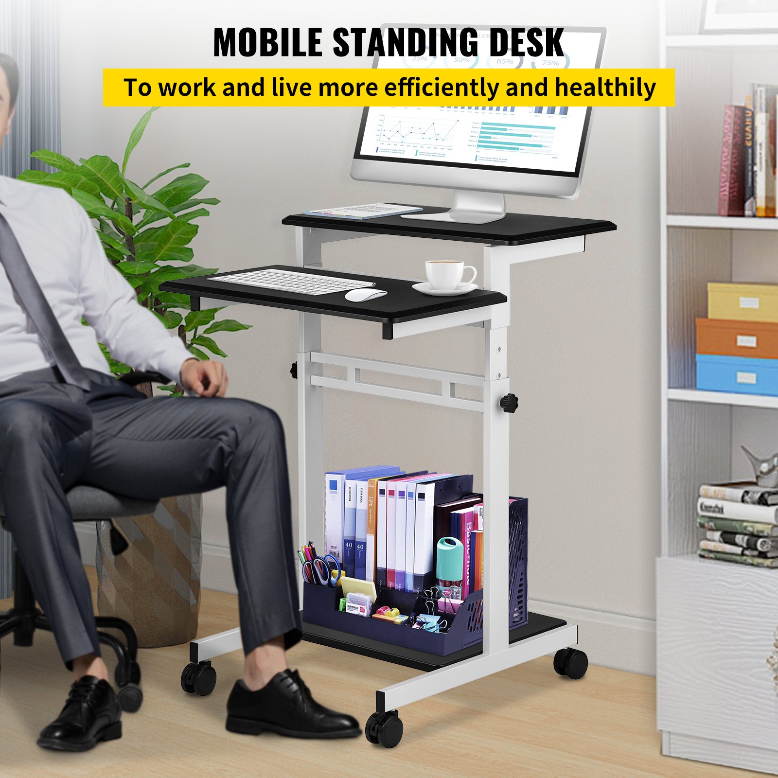 VEVOR Mobile Standing Desk, Rolling Laptop Desk w/ Three Shelves, 34 ...